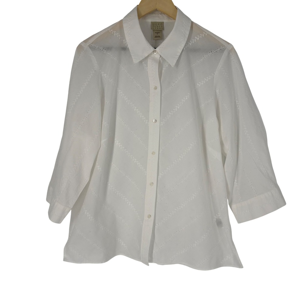 Sigrid Olsen Sport‎ Womens 1X White Cotton Eyelet Embroidered 3/4 Sleeve Blouse
